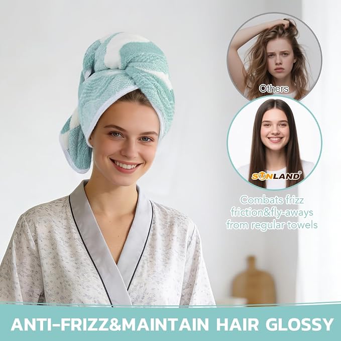 SUNLAND Microfiber Hair Towels Anti Frizz Hair Drying Towel Super Absorbent Fast Drying Turbans for Wet Curly Hair Soft Hair Towel Wrap with Elastic Band for All Hair Types 40 X 20 inches 2Pack
