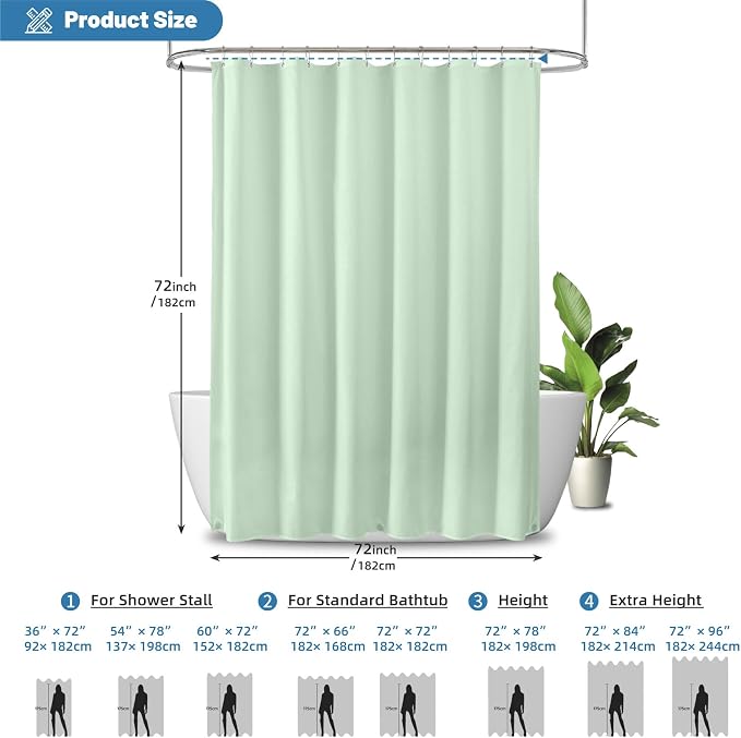 1 Pack Water-Repellent Fabric Shower Curtain Liner - Hotel Quality Machine Washable, 3 Heavy-Duty Magnets with Rustproof Grommets & Weighted Hem, Standard Size 72x72in MintGreen