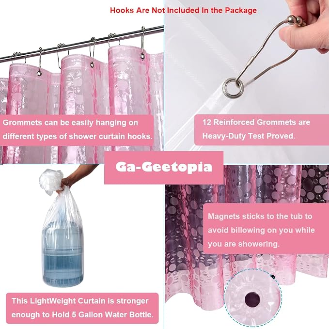 Ga-Geetopia EVA Pink Thin Shower Curtain Liner, Pebble Pattern 72x72 Inch Lightweight Plastic Bathroom Shower Showroom Inner Curtain with Rustproof Metal Grommets and Weighted Magnets(No Hooks)