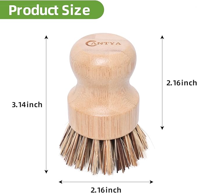 6 Packs Bamboo Dish Scrubber - Hard Bristle, Plastic Free Dish Brush Union Fiber and Tampico Fiber Bamboo Wok Brush for Washing Cast Iron Pan/Pot