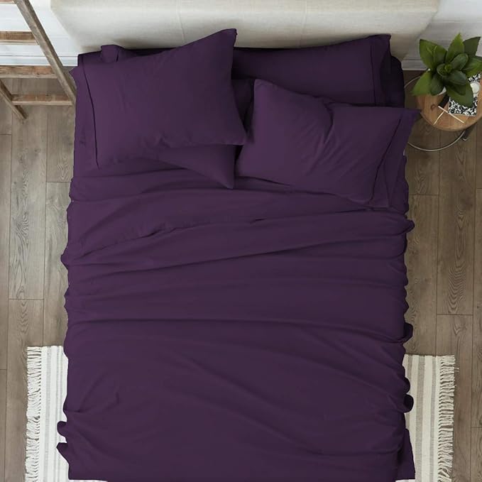 Femini Fashion 100% Organic Cotton Bed Sheets 800-Thread-Count, 16-Inch Deep-Pocket, Luxury Breathable Crisp 5-Piece Bed Sheet Set (1 Flat Sheet, 2 Fitted Sheet, 2 Pillowcases) - Split King, Plum