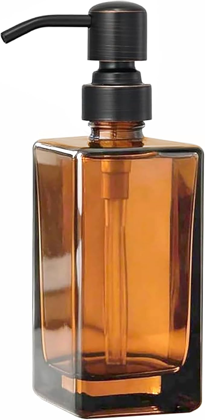 13.5 Oz Coffee Glass Soap Dispenser with Rust Proof Stainless Steel Pump, Antique Design Refillable Square Lotion Dispenser for Bathroom, Premium Kitchen Hand Soap (Oil Rubbed Bronze)