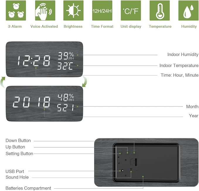 KeeKit Digital Wooden Alarm Clock, Electronic LED Desktop Clock with Temperature Humidity Time Display, 3 Alarm Settings, Voice Control, 3 Levels Adjustable Brightness for Home, Bedroom, Office