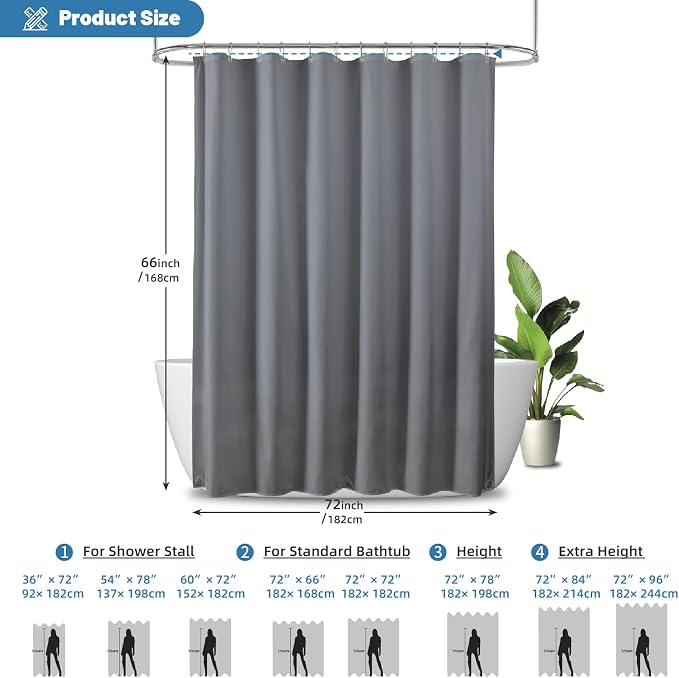 1 Pack Water-Repellent Fabric Shower Curtain Liner - Hotel Quality Machine Washable, 3 Heavy-Duty Magnets with Rustproof Grommets & Weighted Hem, Standard Size 72x66in Grey