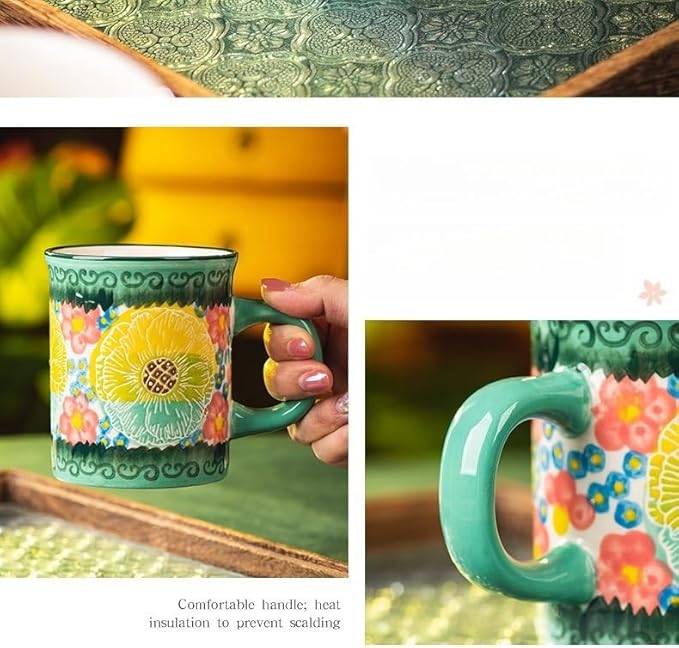 Pottery Coffee Mug,14oz, Hand Painted Ceramic Tea Cups with Unique Design for Hot or Cold Drinks (Green Field)