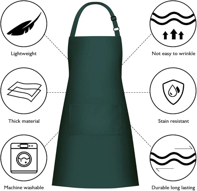 Jubatus 2 Pack 100% Cotton Aprons with 2 Pockets Cooking Chef Kitchen Adjustable Bib Apron for Women Men, Dark Green