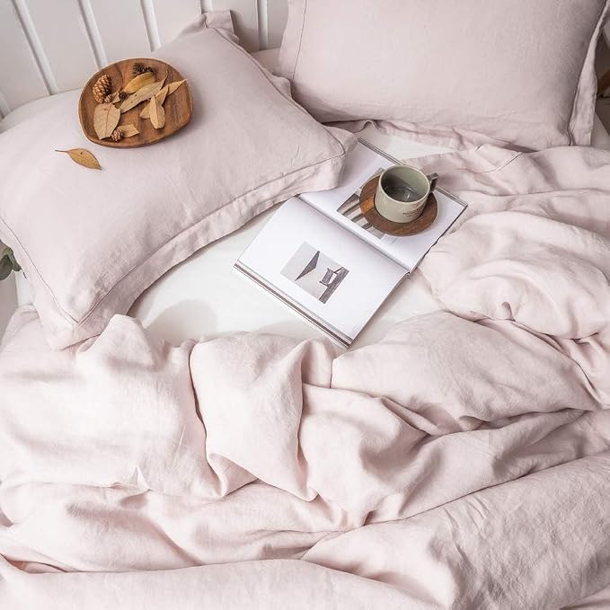 Simple&Opulence 100% Washed Linen Duvet Cover with Embroidered, 3 Pieces Soft Farmhouse Comforter Set with Button Closure,1 Duvet Cover and 2 Pillowshams(Full,Dusty Pink)