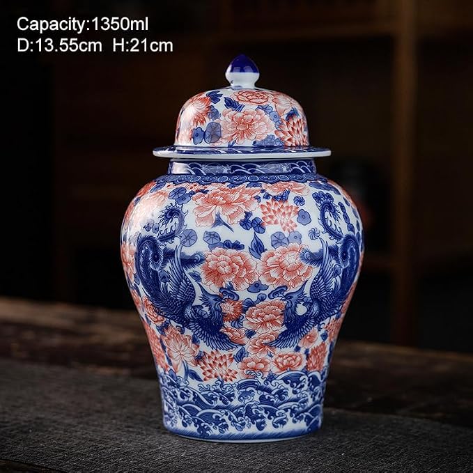 Porcelain Airtight Canister 45 Oz/1350ml, Blue White with Red Glazed Ceramic Large Food Storage Jar for Cereals, Rice, Tea leaves, Coffee Beans, Herb, Candy, Spices, Nuts (Phoenix)