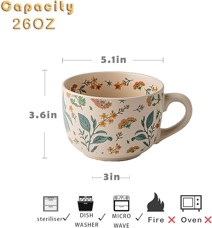 Ceramic Mugs for Men & Women, Unique Microwave & Dishwasher Safe Tea/Coffee Rustic Stoneware Cups for Office & Home (Summer Whispe Breakfast Mug)