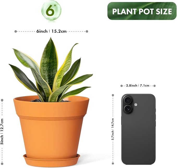 WSMKSZ 6 Inch Thick Plastic Plant Pots with Drainage Holes and Trays – 6 Pack Nursery Pots for Indoor & Outdoor House Plants, Seedling Starter Planters for Garden Flowers, Terracotta