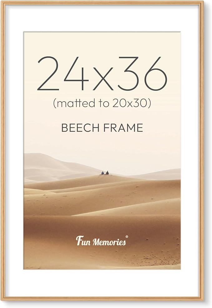 24x36 Picture Frame with Mat for 20x30, USA-Sourced Beech Wood Handcrafted Rounded Corner with HD Tempered Glass, 24 x 36 Gallery Wall Frames for Posters & Art Prints, Vertically or Horizontally