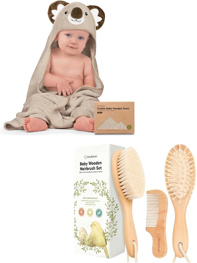 KeaBabies Baby Hooded Towel and Baby Hair Brush and Baby Comb Set - Baby Towel, Toddler Towels, Hooded Towels for Baby - Wooden Baby Brush with Soft Goat Bristle