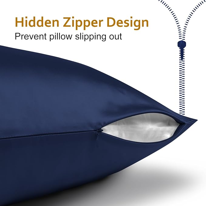 Ravmix Silk Pillow Cases with Zipper, 21momme Mulberry Silk Pillowcase for Hair Skin Health, Soft Smooth Breathable Cool Pillow Cover for Beauty Sleep with Gift Box 1PC(Queen 20"x30", Navy Blue)