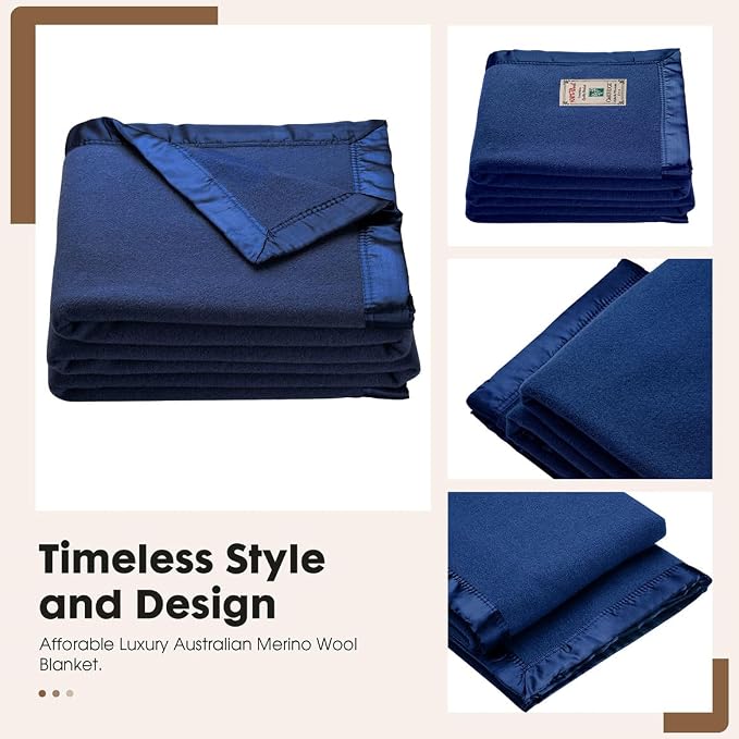 OakRidge Heirloom Merino Wool Blanket – 100% Australian Wool with Vintage Satin Edges – Breathable, Odor-Resistant, All-Season Bedding in Full/Queen Size – Navy Blue Cozy Throw for Home or Travel