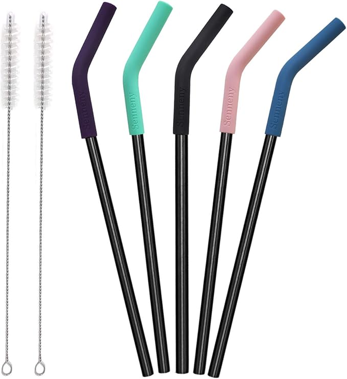 Senneny Set of 5 Stainless Steel Straws with Silicone Flex Tips Elbows Cover, 2 Cleaning Brushes and 1 Portable Bag Included (Black)- 8mm diameter