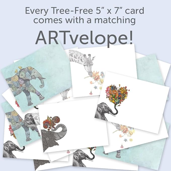 Tree-Free Greetings 16 Pack Card Assortment & Matching Envelopes,5”x7”,Made in USA,100% Recycled Paper,Vibrant Elephant & Giraffe Variety (GP54069)