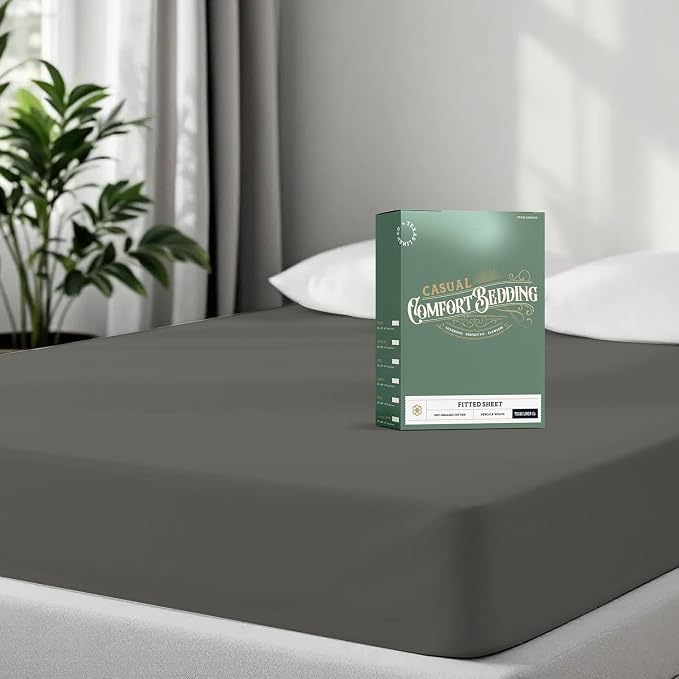 TEXAS LINEN CO. 100% Organic Cotton Percale Weave Fitted Sheet California King Size, Dark Grey, 1 Deep Pocket CalKing Fitted Sheet, Fits Mattress Upto 16" Crisp & Cool Bed Linen, Luxury GOTS Certified