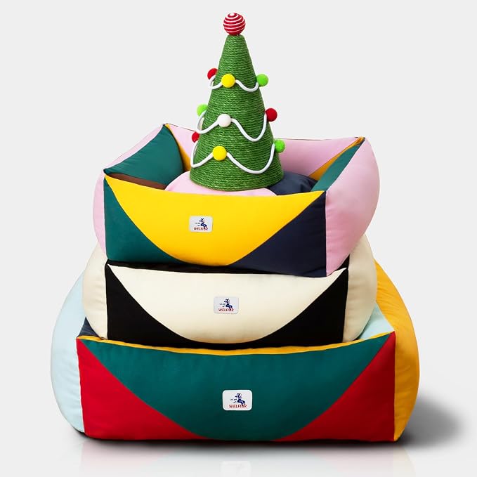 Cotton Canvas Dog Bed, Pink Dog Bed Medium Size Dog, 30"x25"x10" Puppy Bed with Washable Removable Cover, Durable 290 GSM Cotton Anti-Chewing Pet Bed with Anti-Slip Bottom, Pink&Yellow&Green