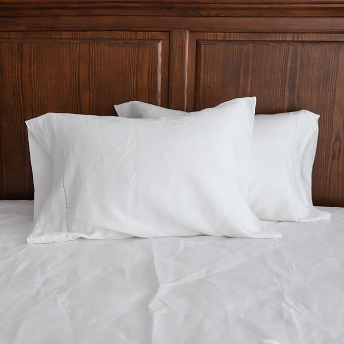 100% French Linen Pillowcases with Handmade Hemstitch Lace - Pack of 2 - Washed Solid Color Natural Flax Soft Breathable - White, 20'' x 30''