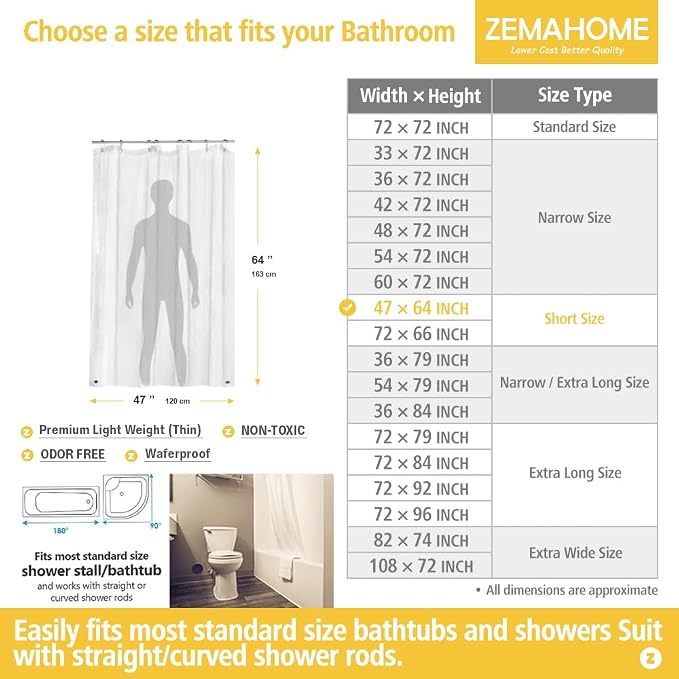 ZEMAHOME Short Size PEVA Plastic Shower Curtain Liner Premium Light Weight 47" x 64" Clear Bathroom Shower Showroom Curtain Liner with Rustproof Metal Gromments and Weighted Magnet