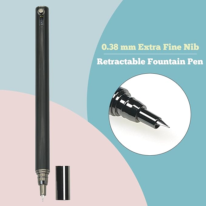 Retractable Fountain Pen – 0.38 mm Extra Fine Nib Fountain Pen, Smooth Fancy Pens with Converter, 6 Ink Cartridges & Gift Pouch for Writing (Glossy Black)