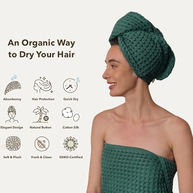 Luxury Organic Japanese Cotton Hair Drying Waffle Towel Wrap for Women | Absorbent, Quick-Dry Head Turban for Shower, Sauna, Spa | Extra Large for Long, Curly, Straight Hair With Button (Green, 1 Pc)