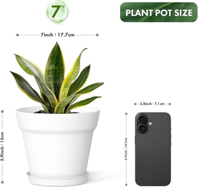 WSMKSZ 7 Inch Thick Plastic Plant Pots with Drainage Holes and Trays – 6 Pack Nursery Pots for Indoor & Outdoor House Plants, Seedling Starter Planters for Garden Flowers, White