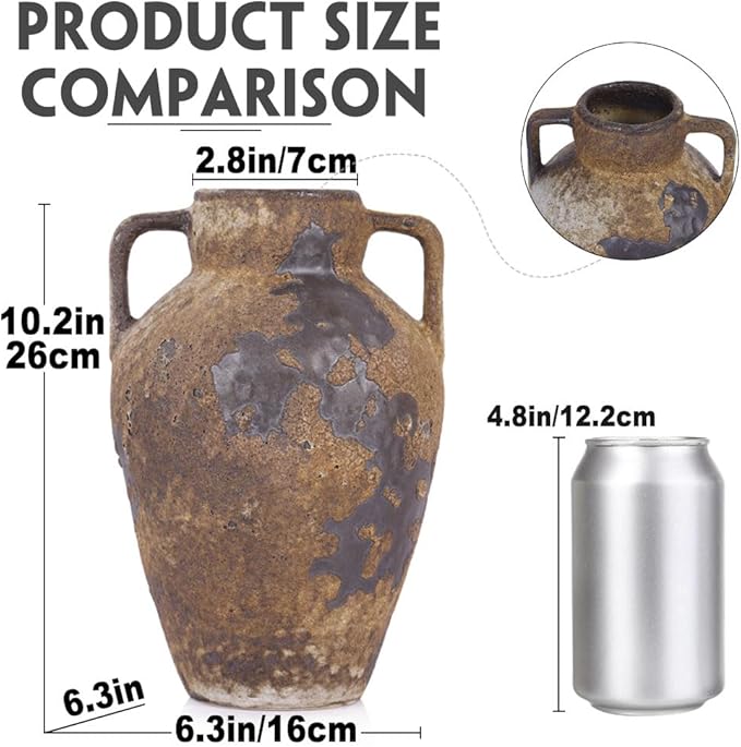 Wabi Sabi Rusty Vintage Vase, 10" Tall Wabi Sabi Decor Rustic Farmhouse Pottery Vase for Centerpiece, Textured Pottery Flower Vases for Home Decorative, Table, Living Room, Bedroom, Bathroom, Kitchen