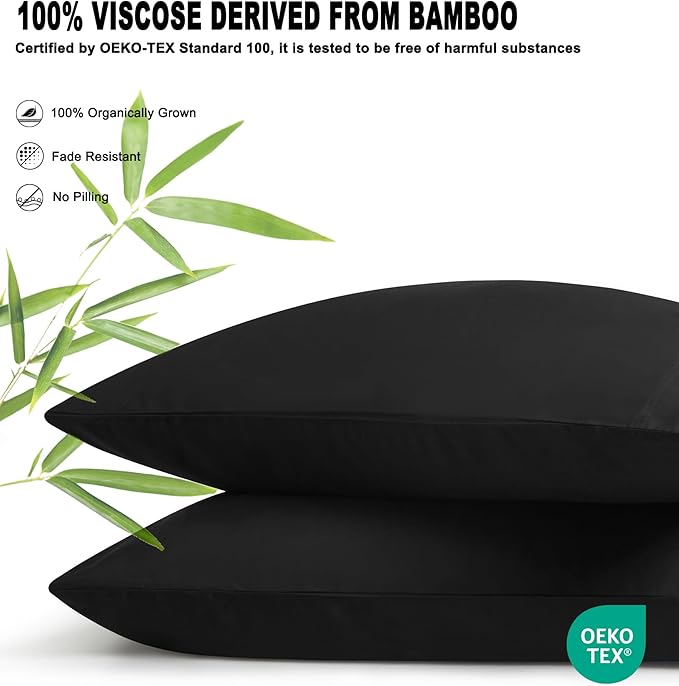 100% Rayon Derived from Bamboo Pillowcases 2 Pack Silky Pillow Covers for Hot Sleepers with Envelope Closure Black 20x30 Inches
