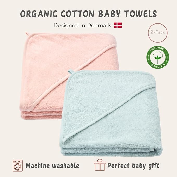 Hooded Baby Towels – 100% Organic Cotton Baby Bath Towels – Baby Boy and Girl Newborn Essentials - Super-Soft and Absorbent. (2-Pack Blush and Baby Blue)