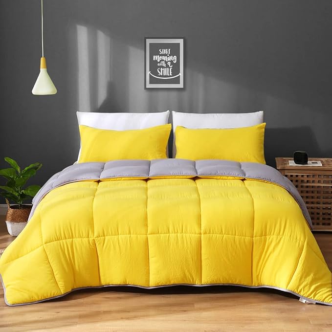 APSMILE Reversible Full/Queen Bed Comforter - All-Season Down Alternative Comforter, Ultra-Soft Cloud Fluffy Microfiber Quilt Duvet, Illuminating Yellow/Ultimate Gray