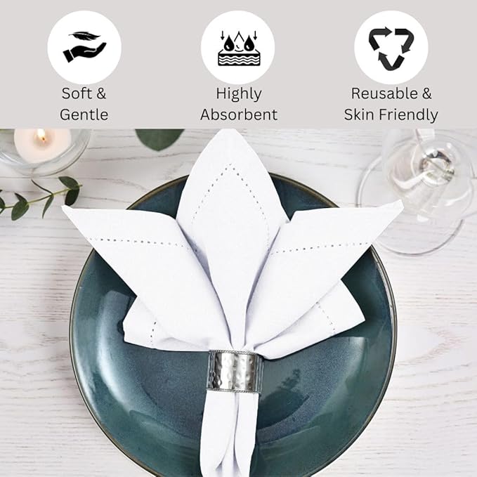 Hemstitch Dinner Napkins 100% Cotton Set of 6 - for Dining Weddings Parties Restaurants Holidays Easter Everyday Use - Soft Durable Washable Table Napkins - 18x18 Inch Cloth Napkins White