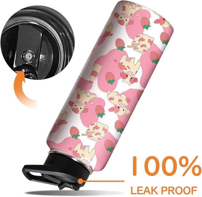 40oz Pink Cow Strawberry Water Bottle with Handle and Flip Straw,Animal Sports Stainless Steel Insulated Cup Travel Coffee Mug Tumbler, Birthday Mothers Day Chritmas Gifts for Women