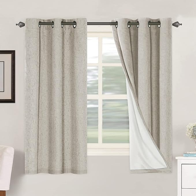Primitive Linen Curtains 100% Blackout Curtain 63 Inches Long Burlap Fabric Curtains with White Thermal Insulated Liner, Grommet Top Drapes Living Room/Bedroom (2 Panels, 42 x 63 Inch, Stone)