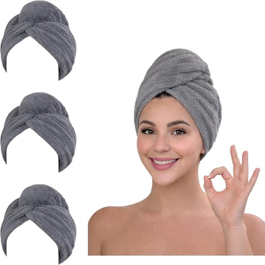 KELVO Microfiber Hair Towel Wrap for Women - Pack of 3, 350 GSM Super Absorbent Quick Dry Hair Turban, Anti-Frizz Head Wrap for Curly, Long & Thick Hair, Soft Hair Drying Towel (3 Gray Solid)
