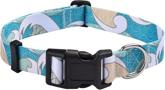 Mihqy Dog Collar with Bohemia Floral Tribal Geometric Patterns - Soft Ethnic Style Collar Adjustable for Small Medium Large Dogs(Sea Wave,M)
