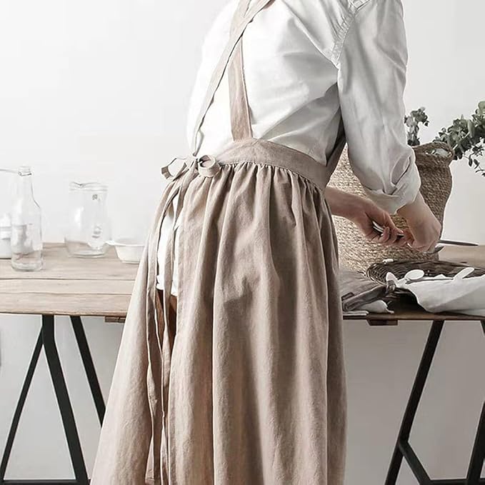 Cotton and linen Kitchen Cooking Aprons Dress for Women with Pockets Cute for Baking Painting Gardening Cleaning