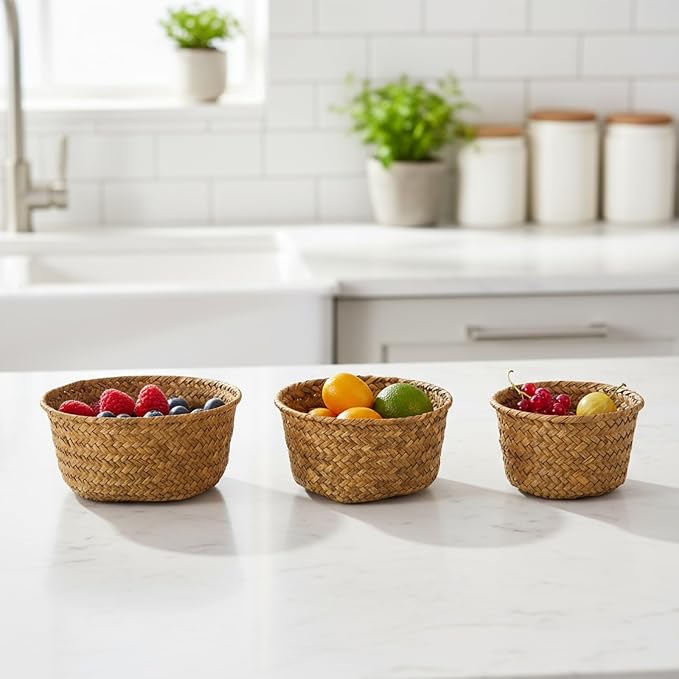 3 Set Small Seagrass Woven Storage Baskets, Natural Woven Round Basket Bin for Farmhouse Kitchen Countertop Pantry Shelf Organization, Stackable Mini Fruit Vegetable Holder