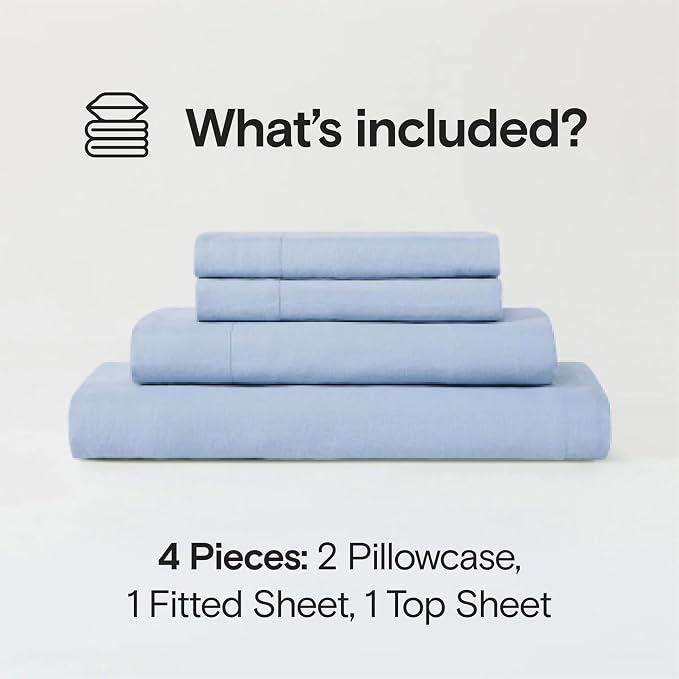 Sijo Stone Washed Organic French Linen Bed Sheet Set, GOTS Certified Organic, Best Cooling Linen Sheet Award by Sleep Foundation, 4 Piece - 2 Pillowcases, 1 Fitted and 1 Flat (Sky, Cal King)