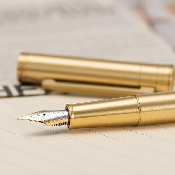HONG DIAN 1861 Fountain Pen, Long Blade Nib, Raw Brass Design with Converter and Metal Pen Case Set