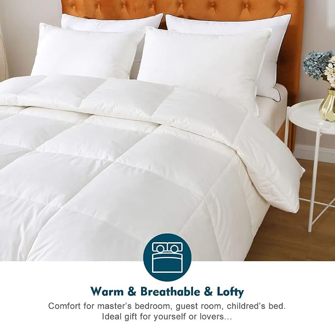 Feathers Down Comforter California King - 100% Organic Cotton Quilted Medium Warm All Seasons Duvet Insert or Stand-Alone Comforter (104x96, Ivory White)