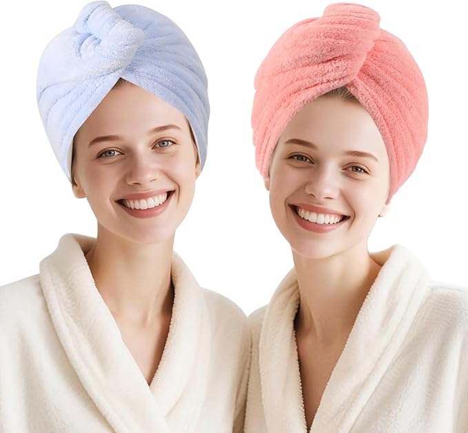 Microfiber Hair Drying Towel Wrap for Women, Hair Turbans Towel for Wet Hair,turbie Twist Hair Towels(The Color of the Picture is for Reference only) (Light Blue,Pink)