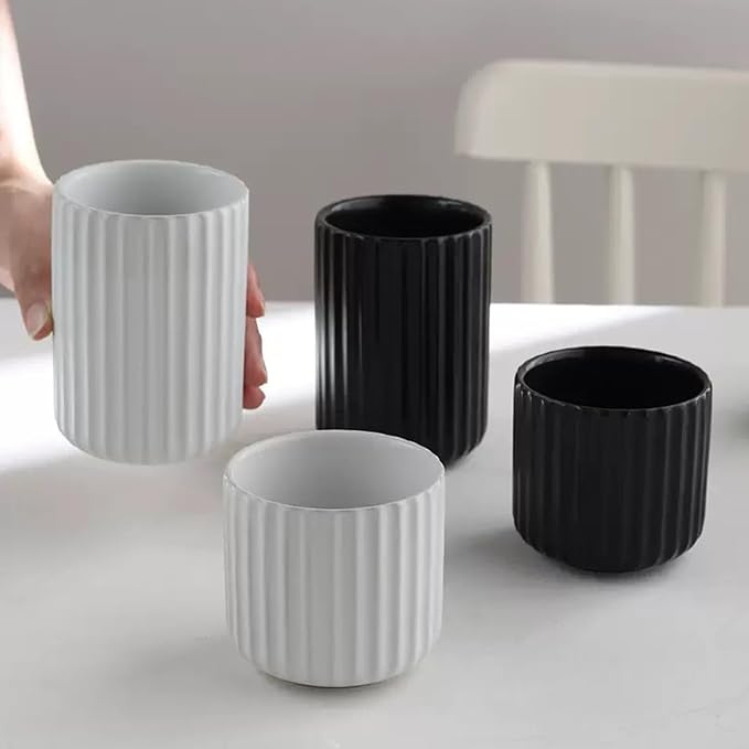 Nordic Ceramic Mug, Japanese Tea Cup 10oz Striped Cup No Handle Drinking Cup for Latte Milk Water Beverage Juice Microwave and Dishwasher Safe (Matte White)