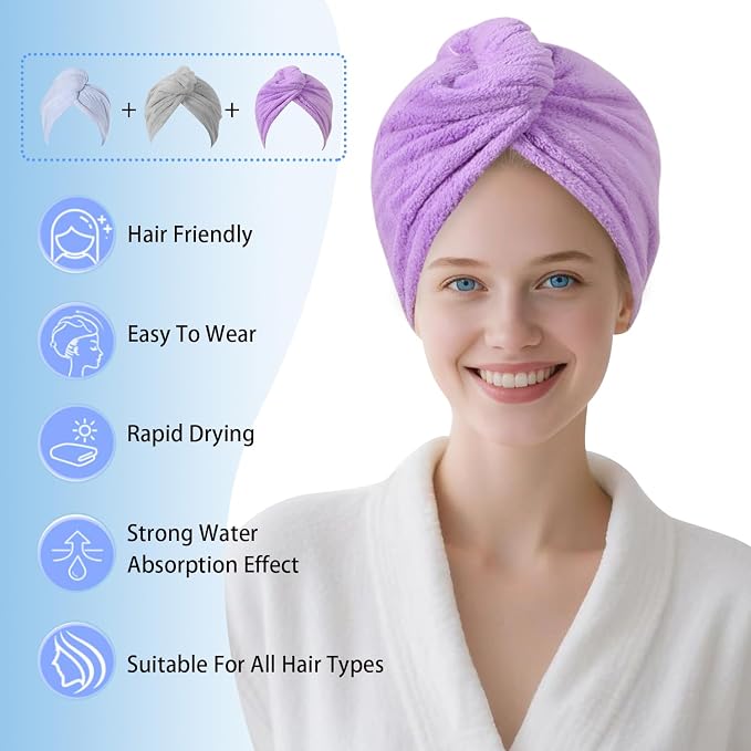3 Packs Single Layer Microfiber Hair Drying Towel Wrap for Women, Hair Turbans Towel for Wet Hair,turbie Twist Hair Towels（Gray Color + Purple Color + Light Blue Color