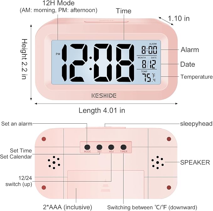 Travel Digital Alarm Clock,Battery Operated with Backlight, Indoor Temperature, Desk Small Clock,Snooze Model,12/24H Display for Bedrooms Heavy Sleepers Kids Travel Bathroom