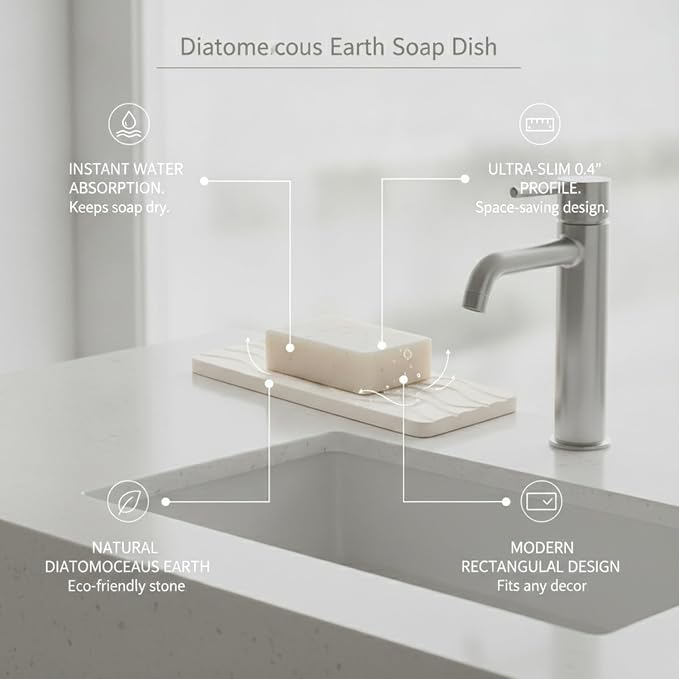 Diatomaceous Earth Soap Dish, Rectangular Stone Bar Soap Holder for Bathroom Sink & Shower, Absorbent Tray (8.7 x 3.5 Inch)