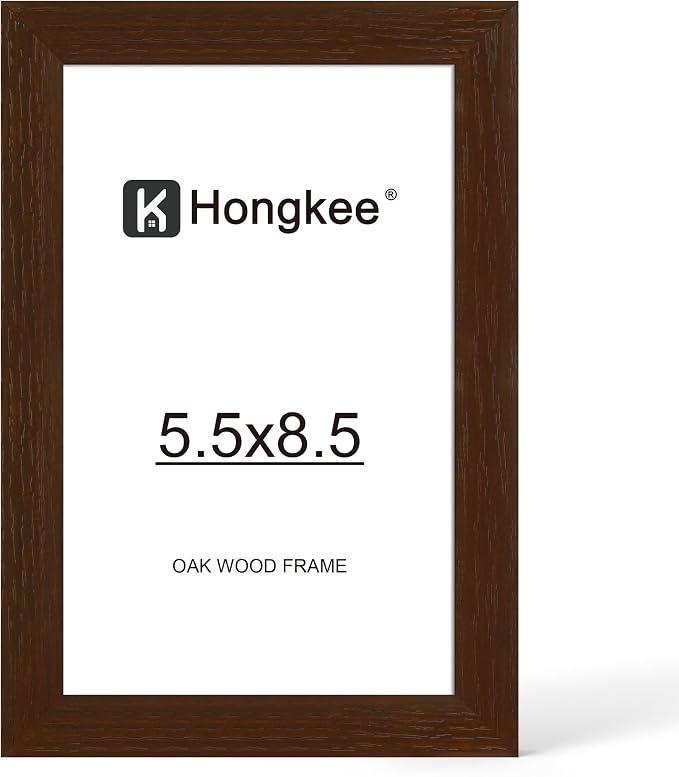 Hongkee 5.5x8.5 Oak Wood Picture Frame (1 Pack, Walnut) Real Glass Cover | 5.5 x 8.5 Solid Wood Frame for Wall or Tabletop Display - Includes Easel Back, Vertical Hang - Ideal for Home, Office