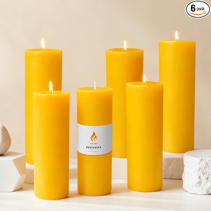 6PCS Pure Beeswax Pillar Candles, 2-Inch Diameter x 6-Inch Height, Natural Unbleached Beeswax, Unscented, Durable & Safe for Home Decor