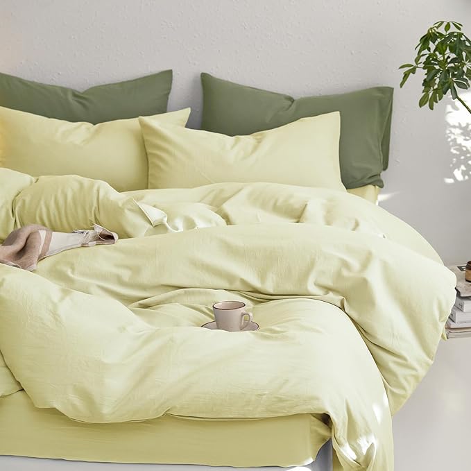 MooMee King Duvet Cover Set, 100% Washed Cotton Linen Like Twill Thick Sturdy Material Super Soft Breathable Durable Bedding for All Season, 3 Pieces (Pale Yellow, King 104"x90")