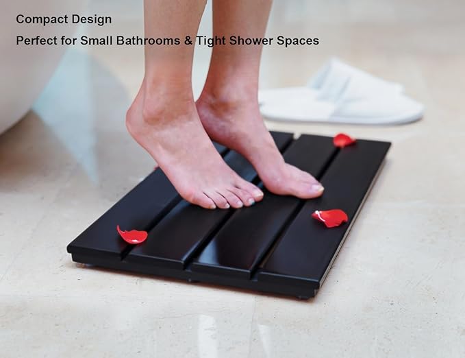 Small Bamboo Bath Mat – Mini Wooden Shower Floor Mat for Compact Bathroom, RV or Tight Spaces, Non-Slip, Quick Dry, Easy to Clean, Indoor Outdoor Use, Black(15.8 x 10.2 Inch)
